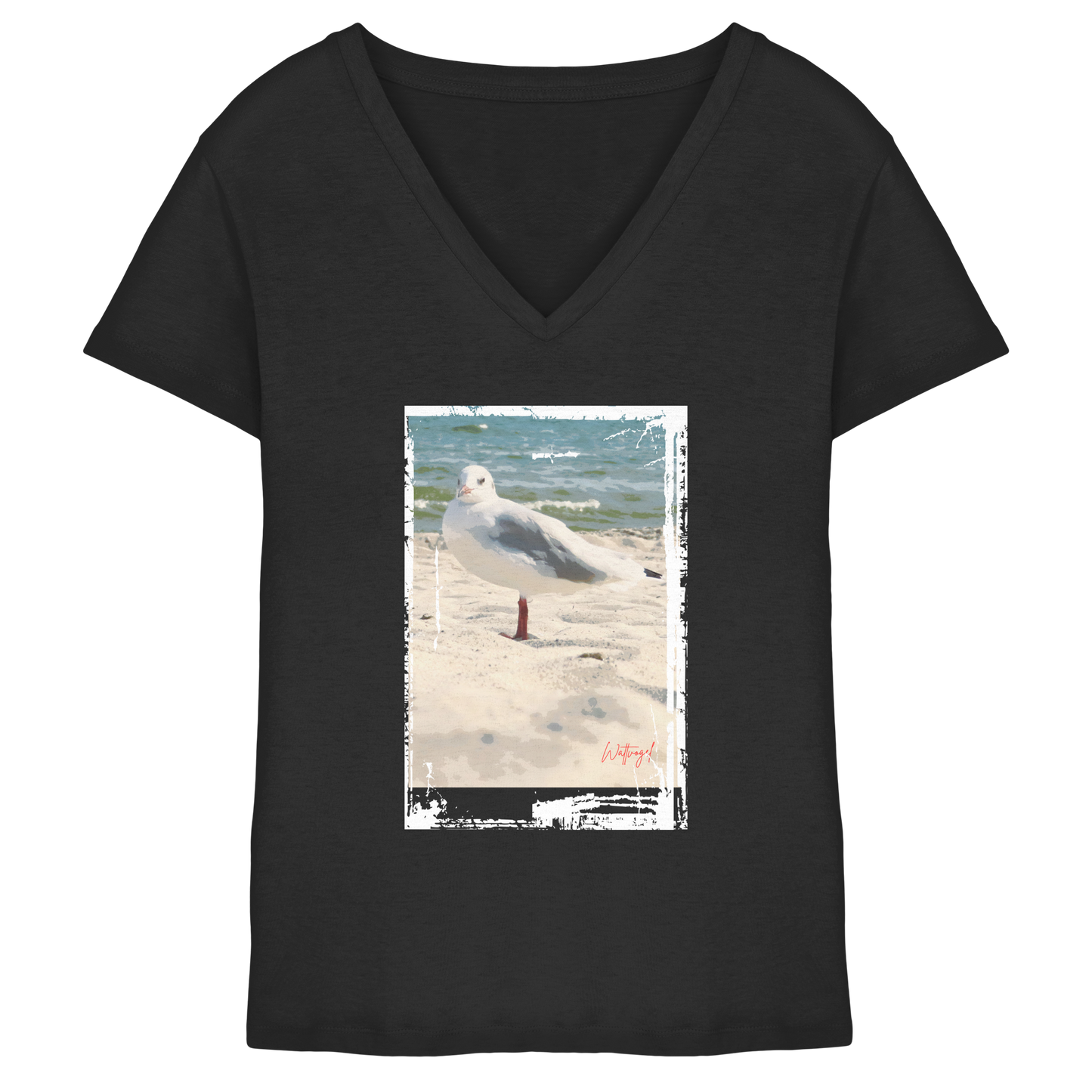 Wattvogel Nordsee Möwe am Strand - Ladies V-Neck Shirt