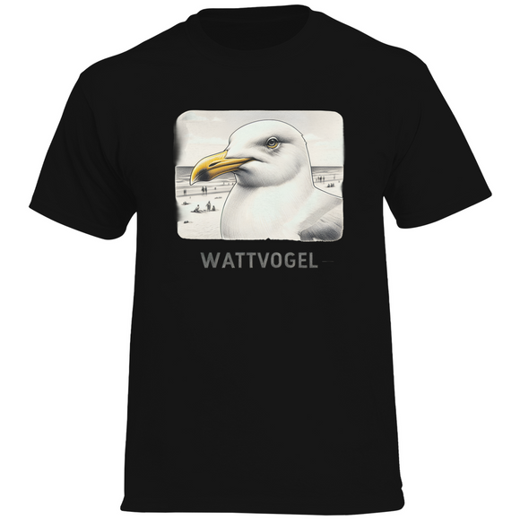 Herren Promo T-Shirt Nordsee Möwe mit Strand und Touristen im Hintergrund