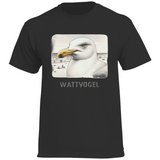 Herren Heavy Cotton T-Shirt Nordsee Möwe mit Strand und Touristen im Hintergrund