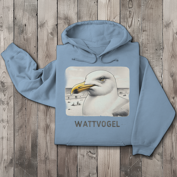 Herren Hoodie Nordsee Möwe mit Strand und Touristen im Hintergrund