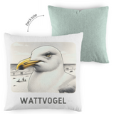 Kopfkissen zweifarbig Nordsee Möwe mit Strand und Touristen im Hintergrund