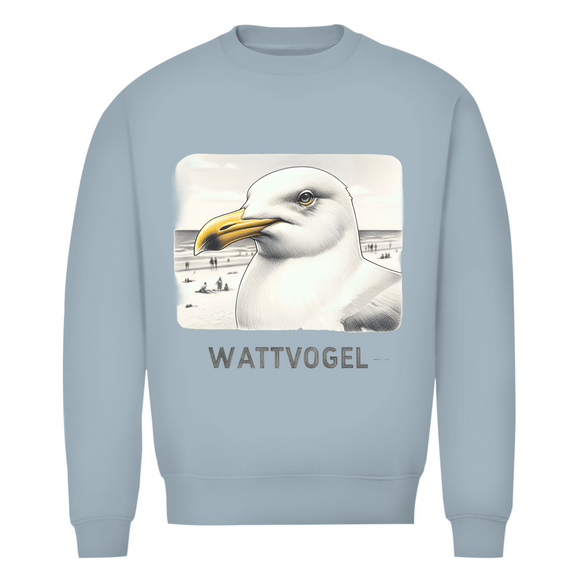 Herren Premium Bio Sweatshirt Nordsee Möwe mit Strand und Touristen im Hintergrund