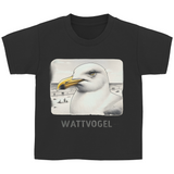 Kinder Basic T-Shirt Nordsee Möwe mit Strand und Touristen im Hintergrund