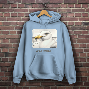 Damen Hoodie Nordsee Möwe mit Strand und Touristen im Hintergrund