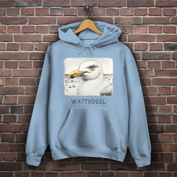 Damen Hoodie Nordsee Möwe mit Strand und Touristen im Hintergrund