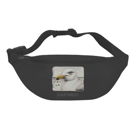 Gürteltasche Nordsee Möwe mit Strand und Touristen im Hintergrund