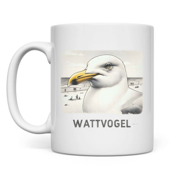 Tasse Nordsee Möwe mit Strand und Touristen im Hintergrund