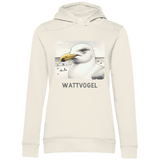 Damen Premium Bio Hoodie Nordsee Möwe mit Strand und Touristen im Hintergrund