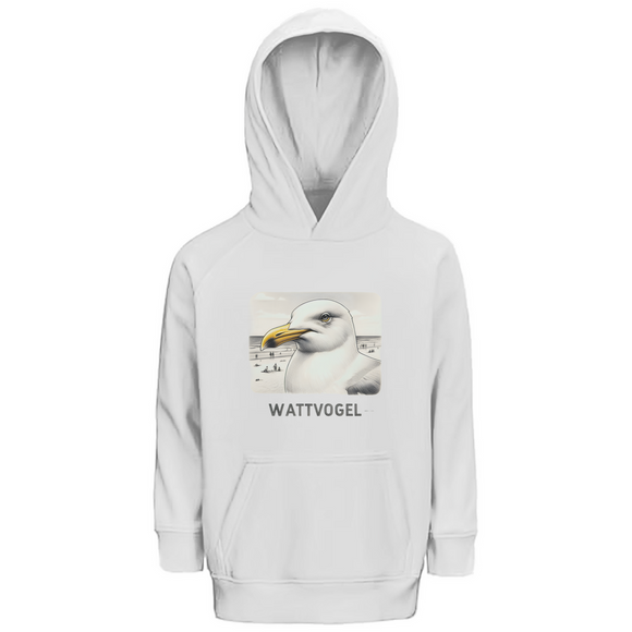 Kinder Premium Bio Hoodie Nordsee Möwe mit Strand und Touristen im Hintergrund