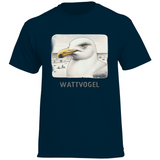Herren Heavy Cotton T-Shirt Nordsee Möwe mit Strand und Touristen im Hintergrund