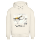 Herren Premium Bio Hoodie Nordsee Möwe mit Strand und Touristen im Hintergrund