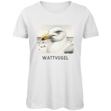 Damen Premium Bio T-Shirt Nordsee Möwe mit Strand und Touristen im Hintergrund