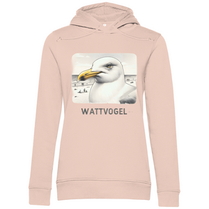 Damen Premium Bio Hoodie Nordsee Möwe mit Strand und Touristen im Hintergrund