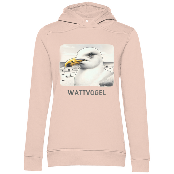 Damen Premium Bio Hoodie Nordsee Möwe mit Strand und Touristen im Hintergrund
