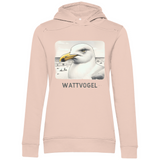 Damen Premium Bio Hoodie Nordsee Möwe mit Strand und Touristen im Hintergrund