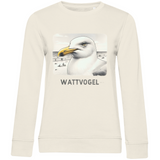 Damen Premium Bio Sweatshirt Nordsee Möwe mit Strand und Touristen im Hintergrund