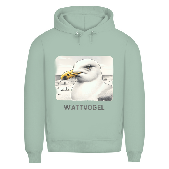 Herren Premium Bio Hoodie Nordsee Möwe mit Strand und Touristen im Hintergrund