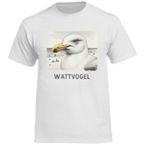 Herren Heavy Cotton T-Shirt Nordsee Möwe mit Strand und Touristen im Hintergrund