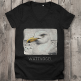 Damen Premium Bio V-Neck T-Shirt Nordsee Möwe mit Strand und Touristen im Hintergrund