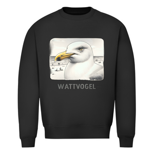 Herren Sweatshirt Nordsee Möwe mit Strand und Touristen im Hintergrund