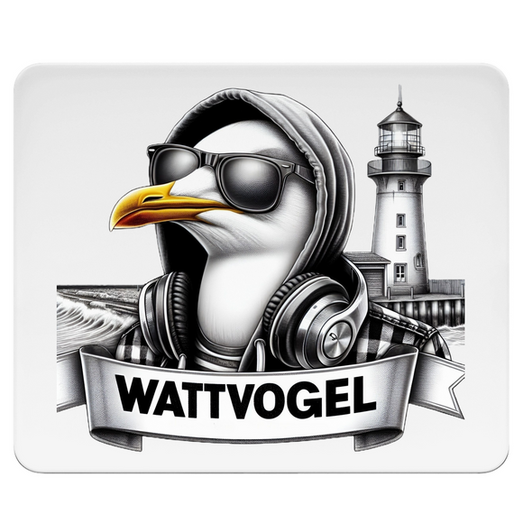 Mousepad Coole Möwe mit Kaputze und Kopfhörer mit Leuchtturm