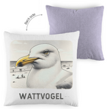 Kopfkissen zweifarbig Nordsee Möwe mit Strand und Touristen im Hintergrund