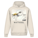 Oversize Hoodie Ohne Kordel Nordsee Möwe mit Strand und Touristen im Hintergrund