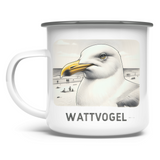 Emaille Tasse Nordsee Möwe mit Strand und Touristen im Hintergrund