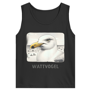 Herren Basic Tank Top Nordsee Möwe mit Strand und Touristen im Hintergrund