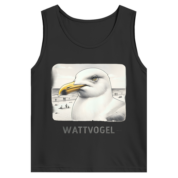 Herren Basic Tank Top Nordsee Möwe mit Strand und Touristen im Hintergrund