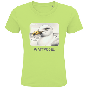 Kids Premium Bio T-Shirt Nordsee Möwe mit Strand und Touristen im Hintergrund