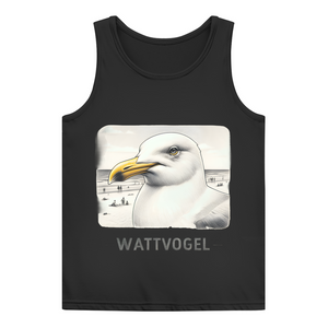 Damen Basic Tank Top Nordsee Möwe mit Strand und Touristen im Hintergrund