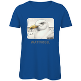 Damen Premium Bio T-Shirt Nordsee Möwe mit Strand und Touristen im Hintergrund