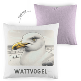 Kopfkissen zweifarbig Nordsee Möwe mit Strand und Touristen im Hintergrund