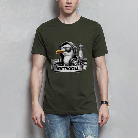 Herren T-Shirt Coole Möwe mit Kaputze und Kopfhörer mit Leuchtturm