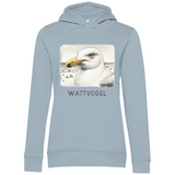 Damen Premium Bio Hoodie Nordsee Möwe mit Strand und Touristen im Hintergrund