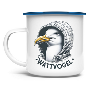 Emaille Tasse Coole Nordsee  Möwe mit Kaputze