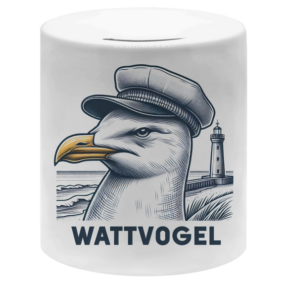Money box Wattvogel Möwe mit Kapitänsmütze