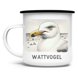 Emaille Tasse Nordsee Möwe mit Strand und Touristen im Hintergrund