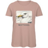 Damen Premium Bio T-Shirt Nordsee Möwe mit Strand und Touristen im Hintergrund