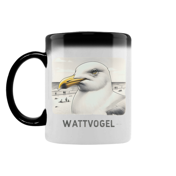 Zaubertasse Nordsee Möwe mit Strand und Touristen im Hintergrund