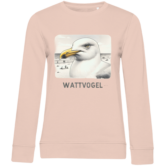 Damen Premium Bio Sweatshirt Nordsee Möwe mit Strand und Touristen im Hintergrund