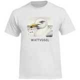 Herren Promo T-Shirt Nordsee Möwe mit Strand und Touristen im Hintergrund