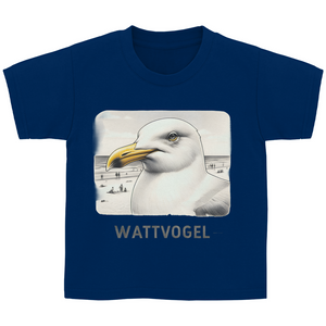Kinder Basic T-Shirt Nordsee Möwe mit Strand und Touristen im Hintergrund