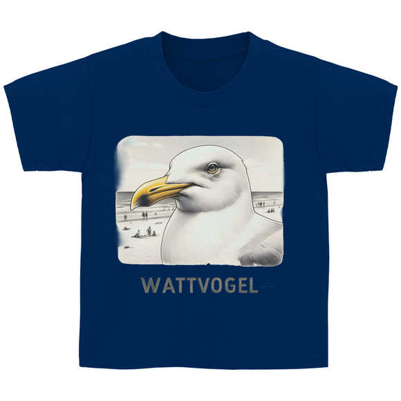 Kinder Basic T-Shirt Nordsee Möwe mit Strand und Touristen im Hintergrund