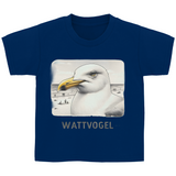 Kinder Basic T-Shirt Nordsee Möwe mit Strand und Touristen im Hintergrund