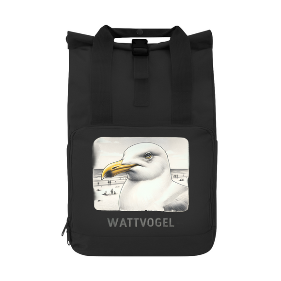 Rucksack Nordsee Möwe mit Strand und Touristen im Hintergrund