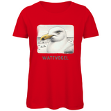 Damen Premium Bio T-Shirt Nordsee Möwe mit Strand und Touristen im Hintergrund