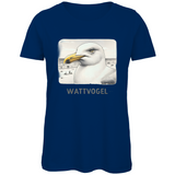 Damen Premium Bio T-Shirt Nordsee Möwe mit Strand und Touristen im Hintergrund