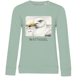 Damen Premium Bio Sweatshirt Nordsee Möwe mit Strand und Touristen im Hintergrund